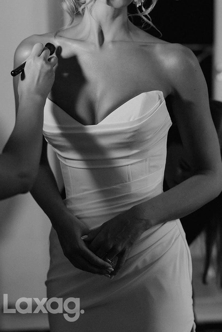 Sweetheart Strapless Sleeveless High Slit Pleated Satin Elegant Mermaid Wedding Dress