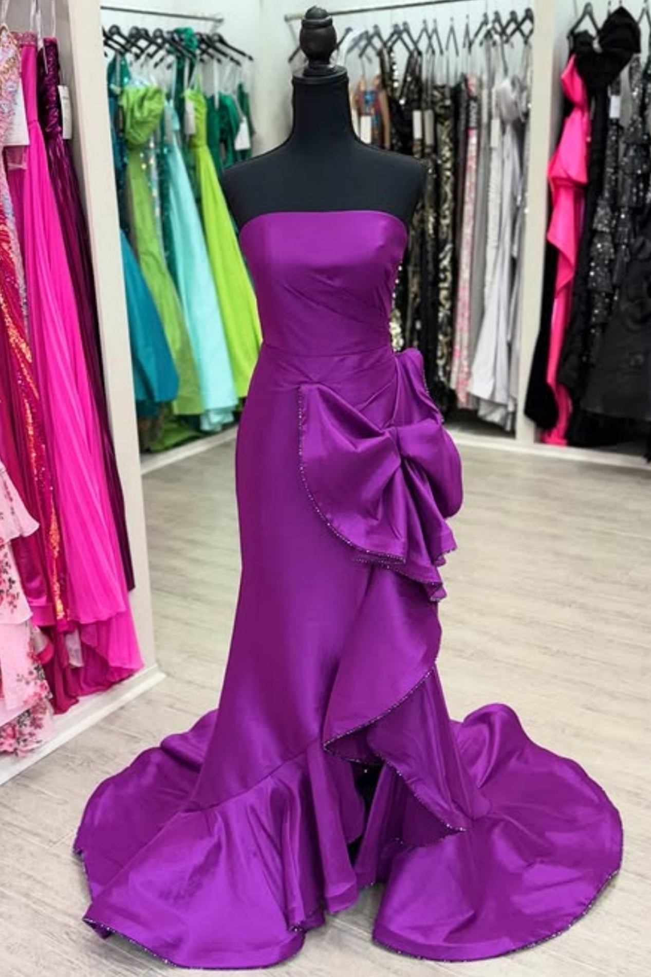 Tube Top Off-Shoulder Sleeveless Satin Sweep Train Mermaid Prom Dress with Big Bow