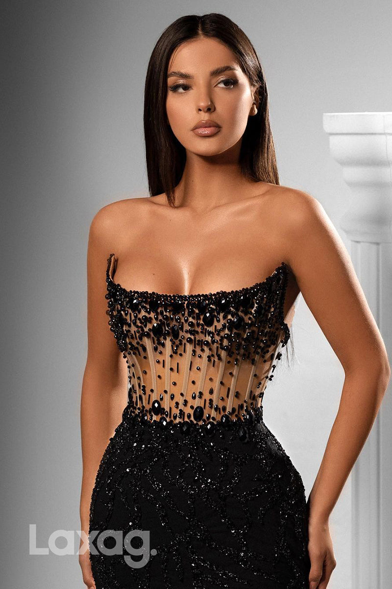 22095 - Strapless Sequins Beaded illusion High Split Mermaid Prom Dress