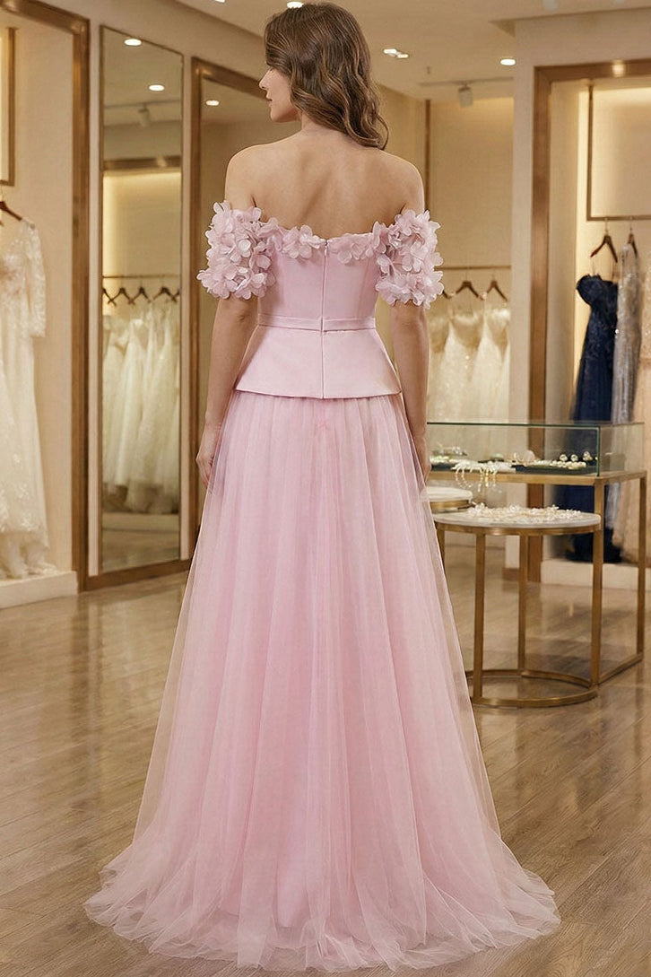 Asymmetrical-Neck Sleeveless Floor-Length 3D-Florals Satin&Tulle Pleated A-Line Prom Dress