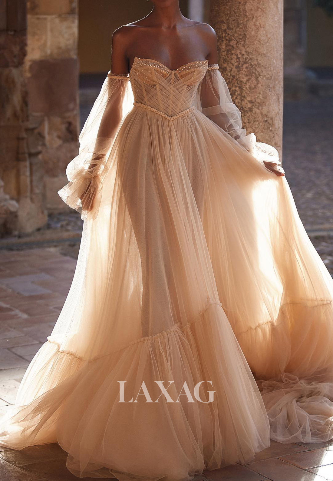 A-Line Beaded Sweetheart Long-Sleeves Beaded Tulle illusion Wedding Dr Laxag A-Line Beaded Sweetheart Long-Sleeves Beaded Tulle illusion Wedding Dr Laxag