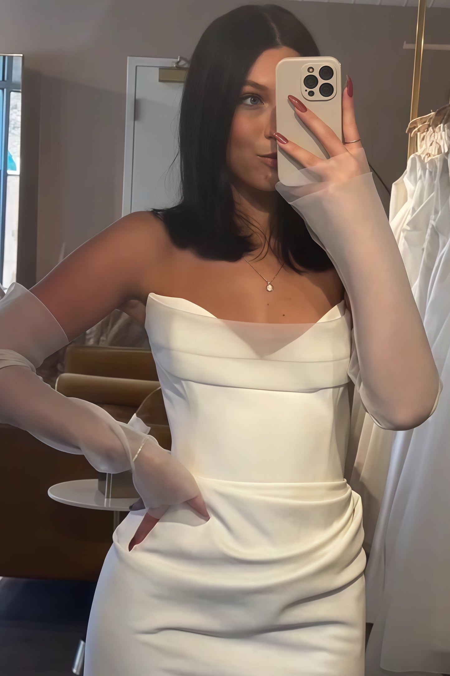 V-Neck Off-Shoulder Floor-Length Satin Pleated A-Line Wedding Dress with Tulle Gloves