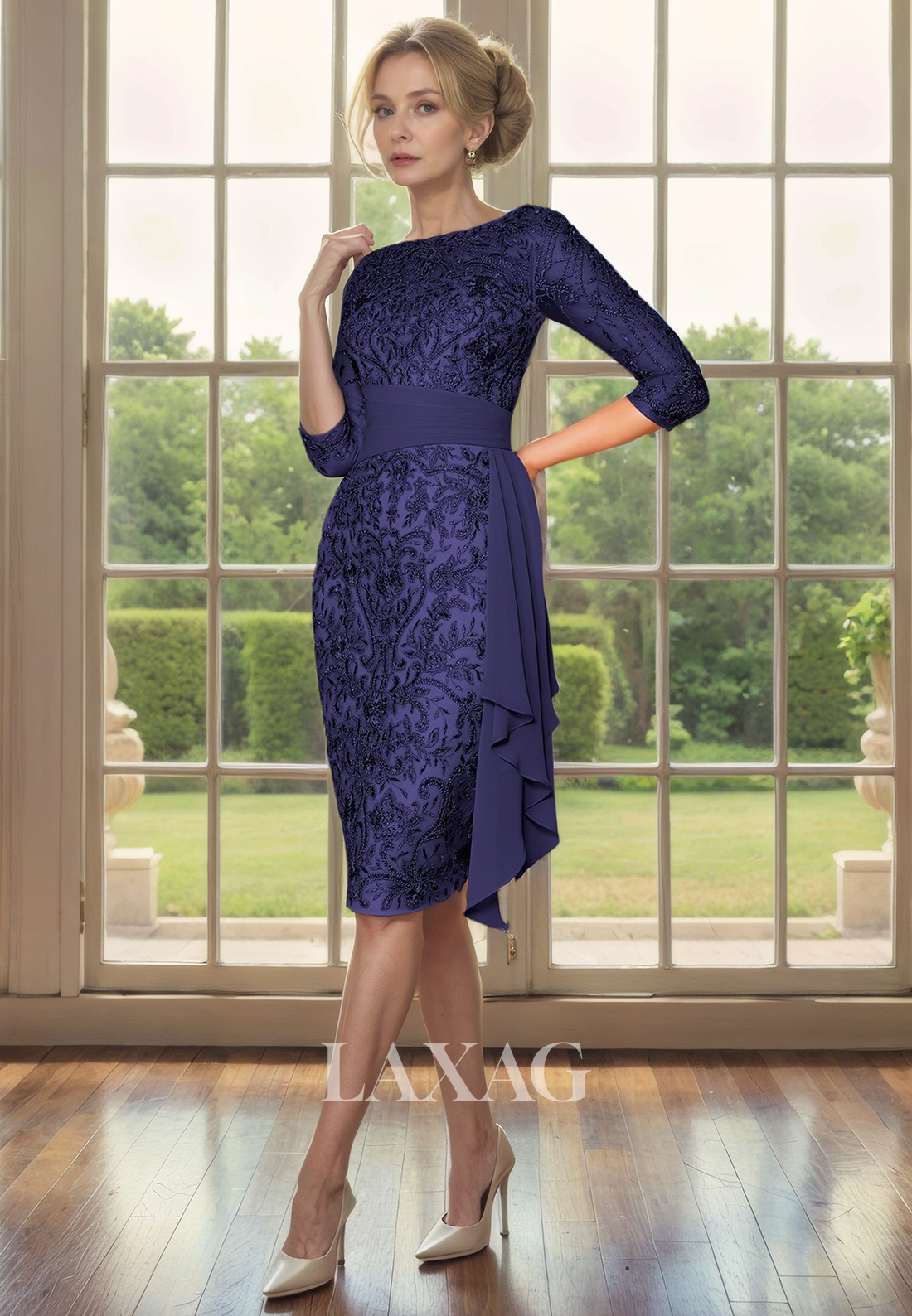 Two-Piece Suit Quarter Sleeves Sequins Knee-Length Mother Of the Bride Dress