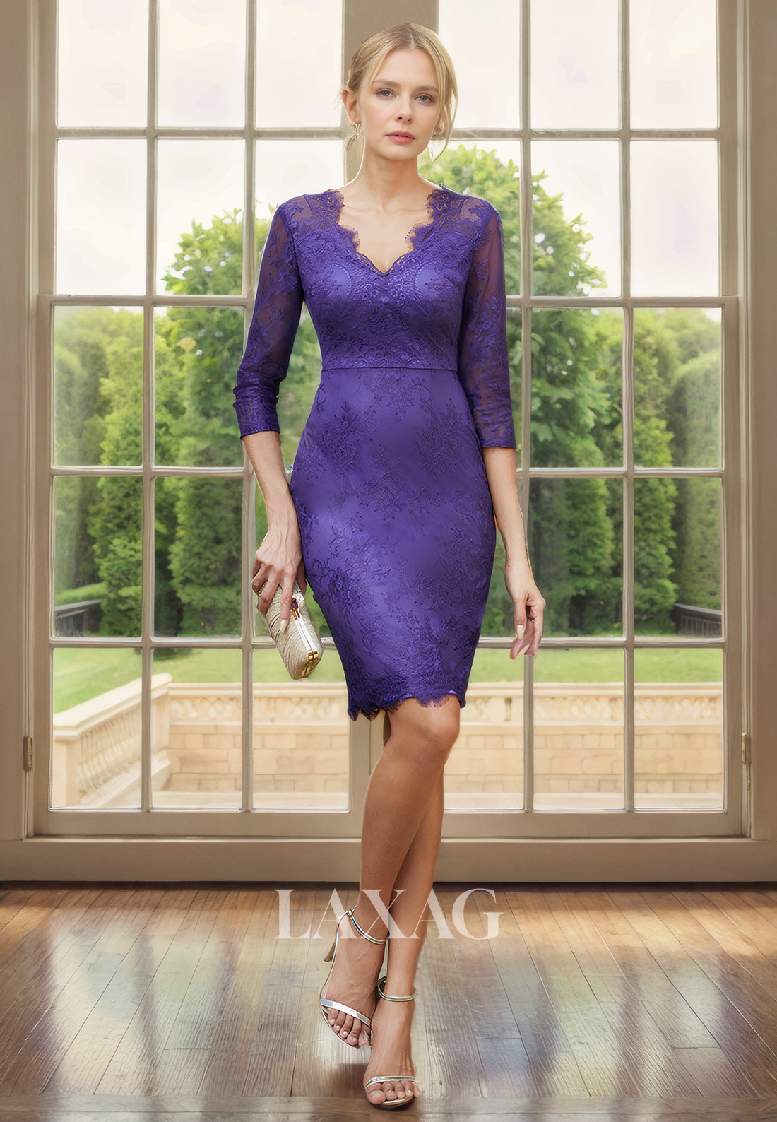 Two-Piece Suit V-Neck Quarter Sleeves Lace Mother Of the Bride Dress