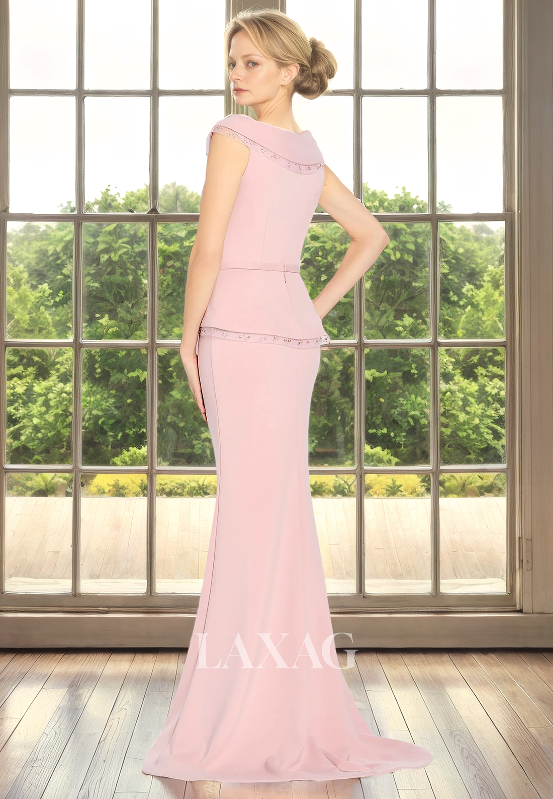 V-Neck Beaded Tulle Sleek Satin Mermaid Mother of the Bride Dress with Train