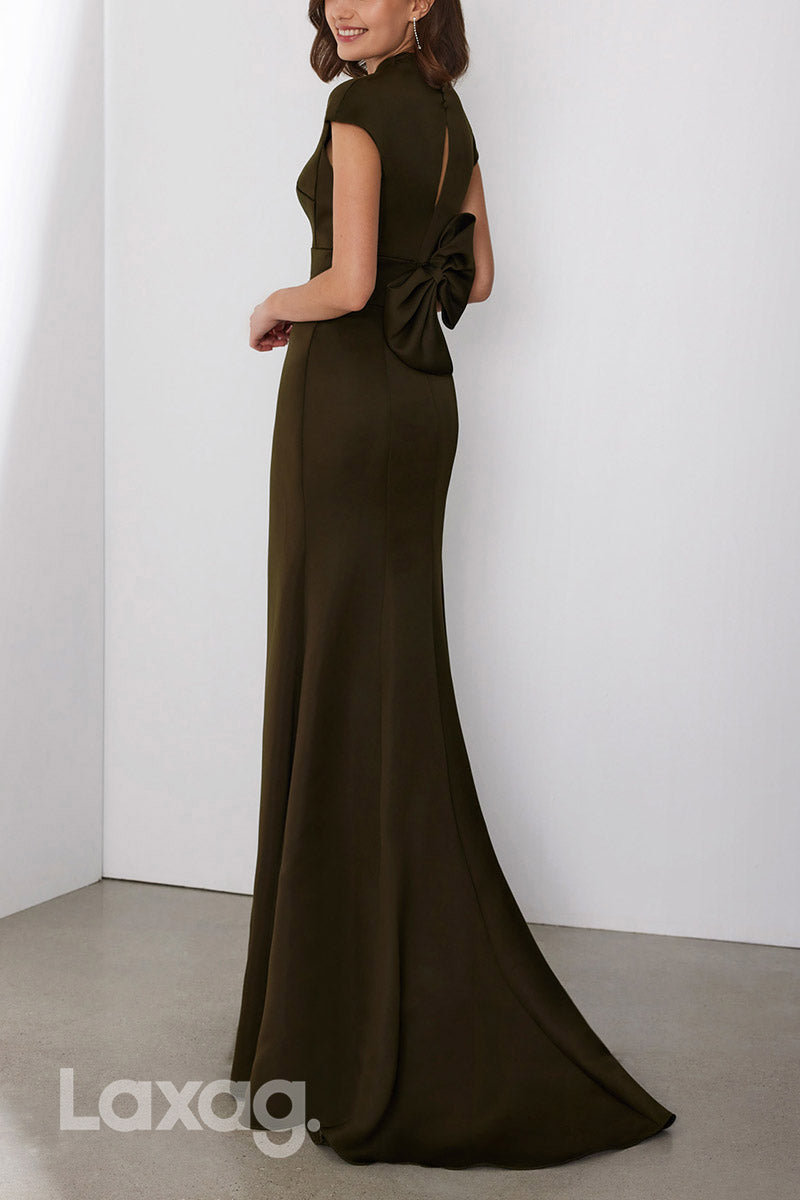 22887 - V-Neck Cap Sleeves Sleek Satin Mermaid Cocktail Party Formal Evening Dress