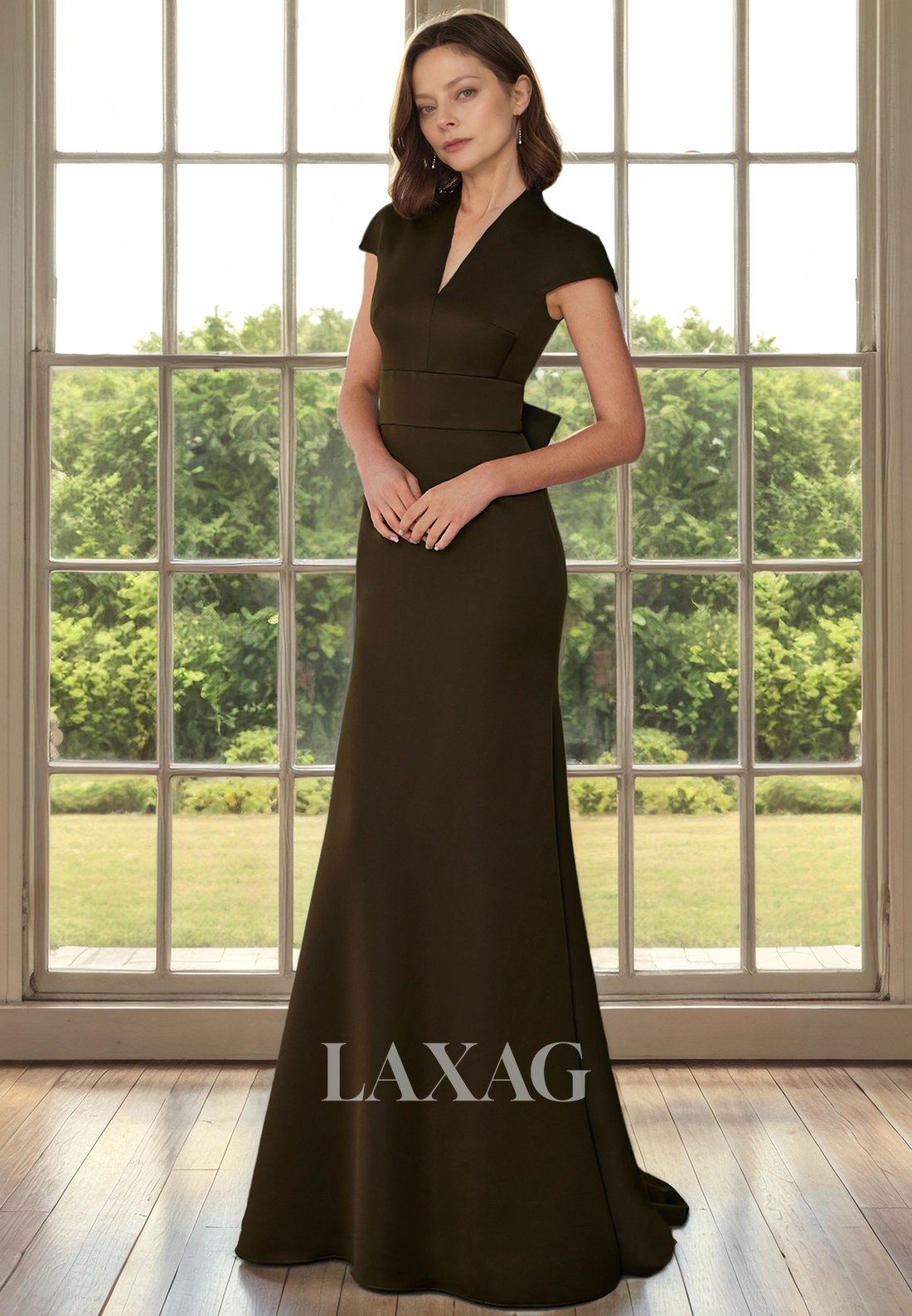 V-Neck Cap Sleeves Sleek Satin Mother of the Bride Dress with Bow Detail and Train V-Neck Cap Sleeves Sleek Satin Mother of the Bride Dress with Bow Detail and Train