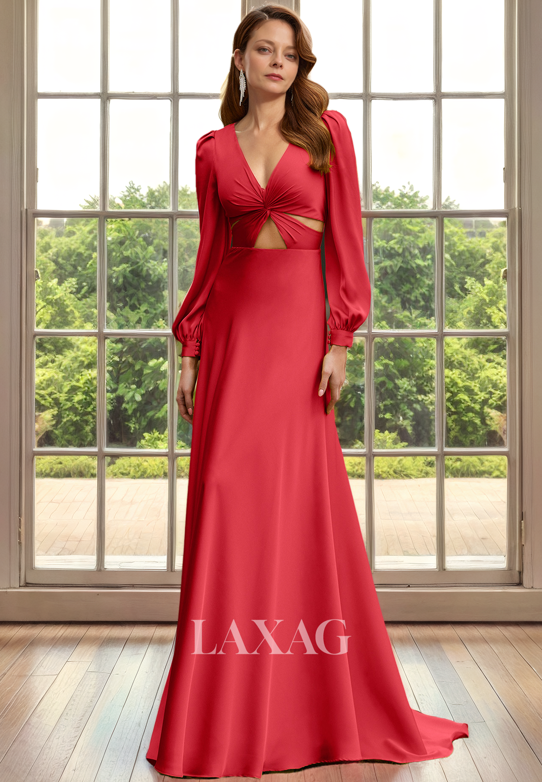 V-Neck Long Sleeves Cutout Sleek Satin Mother of the Bride Dress with Train