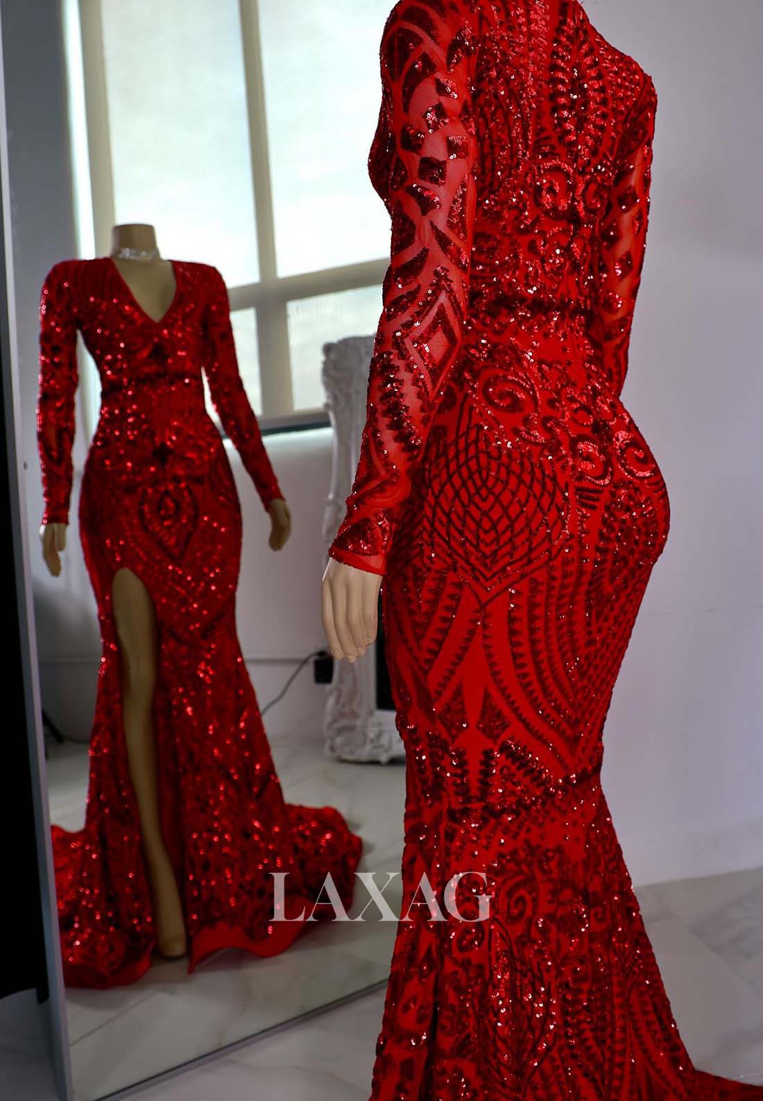 V-Neck Long-Sleeves Fully Sequins High Slit Sweep Train Mermaid Prom Dress for Black Girl Slay