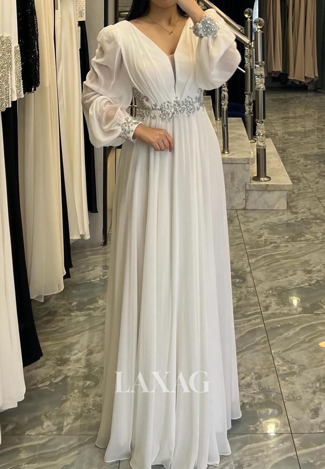 V-Neck Long-Sleeves Beaded Pleated Chiffon Floor-Length Fitted Evening Laxag V-Neck Long-Sleeves Beaded Pleated Chiffon Floor-Length Fitted Evening Laxag