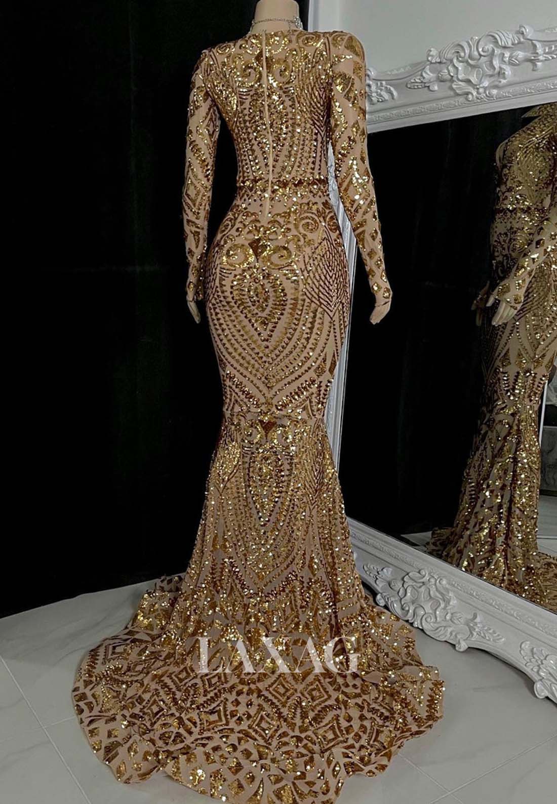 V-Neck Long-Sleeves Fully Sequined Sweep Train Mermaid Formal Prom Dress for Black Girl Slay