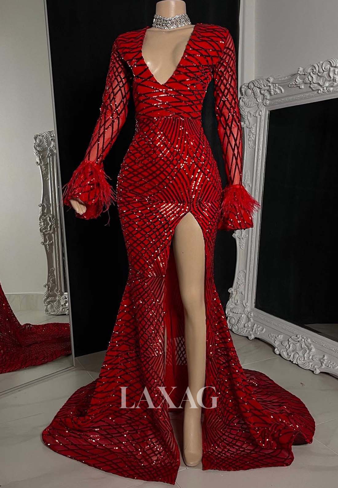 Deep V-Neck Long-Sleeves Sequins Mermaid Prom Dresses High Slit Sweep Laxag Deep V-Neck Long-Sleeves Sequins Mermaid Prom Dresses High Slit Sweep Laxag