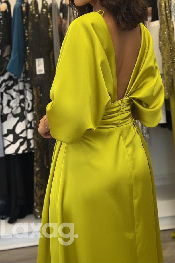 V-Neck Cap-Sleeves Beaded Satin Pleated Formal Evening Dress with Slit