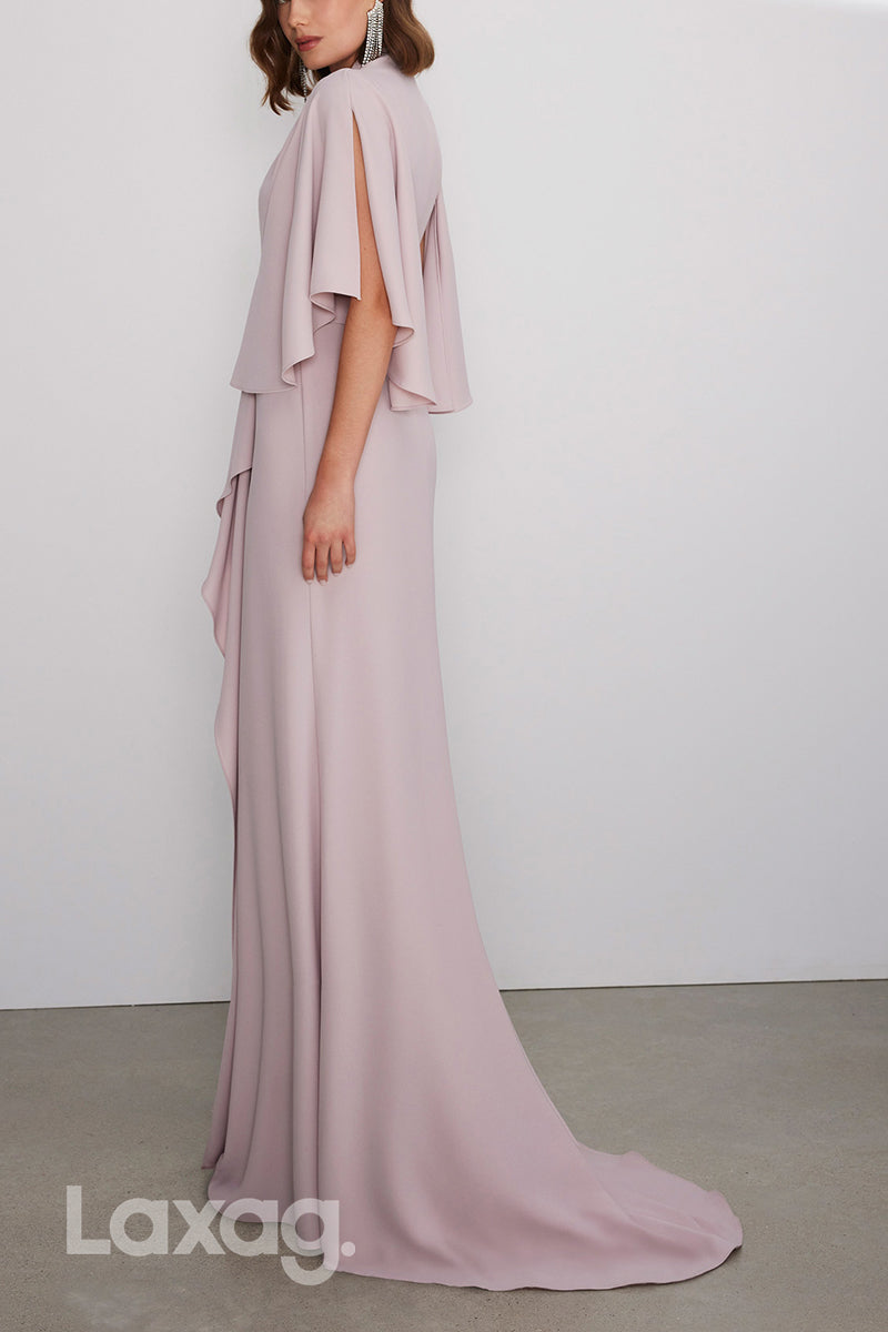 22805 - فستان سهرة رسمي بأكمام قصيرة ورقبة على شكل حرف V وذيل طويل لحفلات الكوكتيل