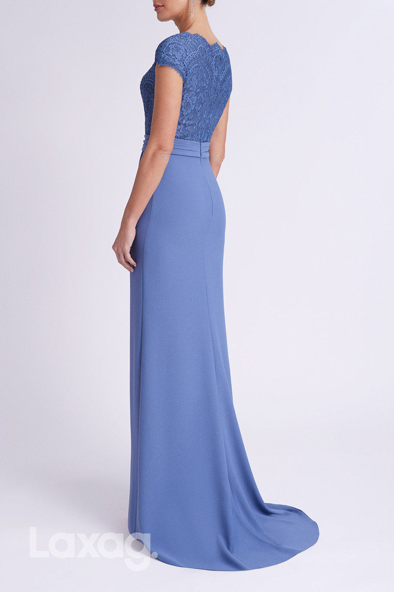 22890 - فستان سهرة رسمي أنيق من الساتان والدانتيل بأكمام قصيرة وفتحة رقبة على شكل حرف V مع ذيل