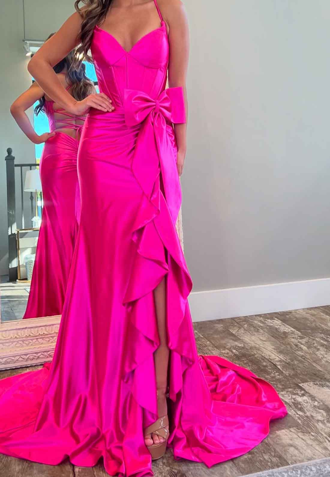 V-Neck Spaghetti Straps Ruffled Satin Pleated Sweep Train Mermaid Porm Dress with Slit