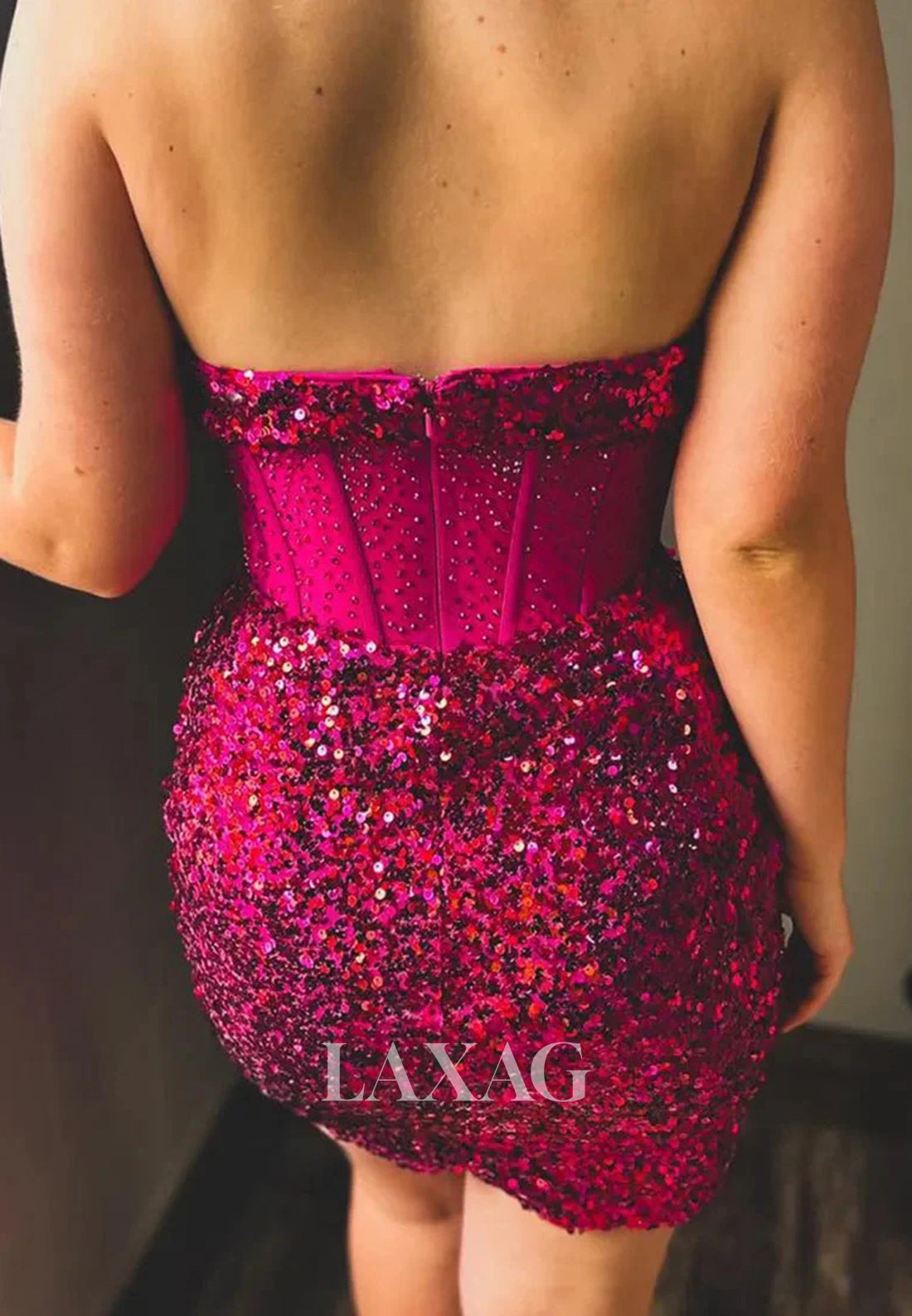 V-Neck Off-Shoulder Sleeveless Fully Sequined Beaded Short Mermaid Party Homecoming Dress