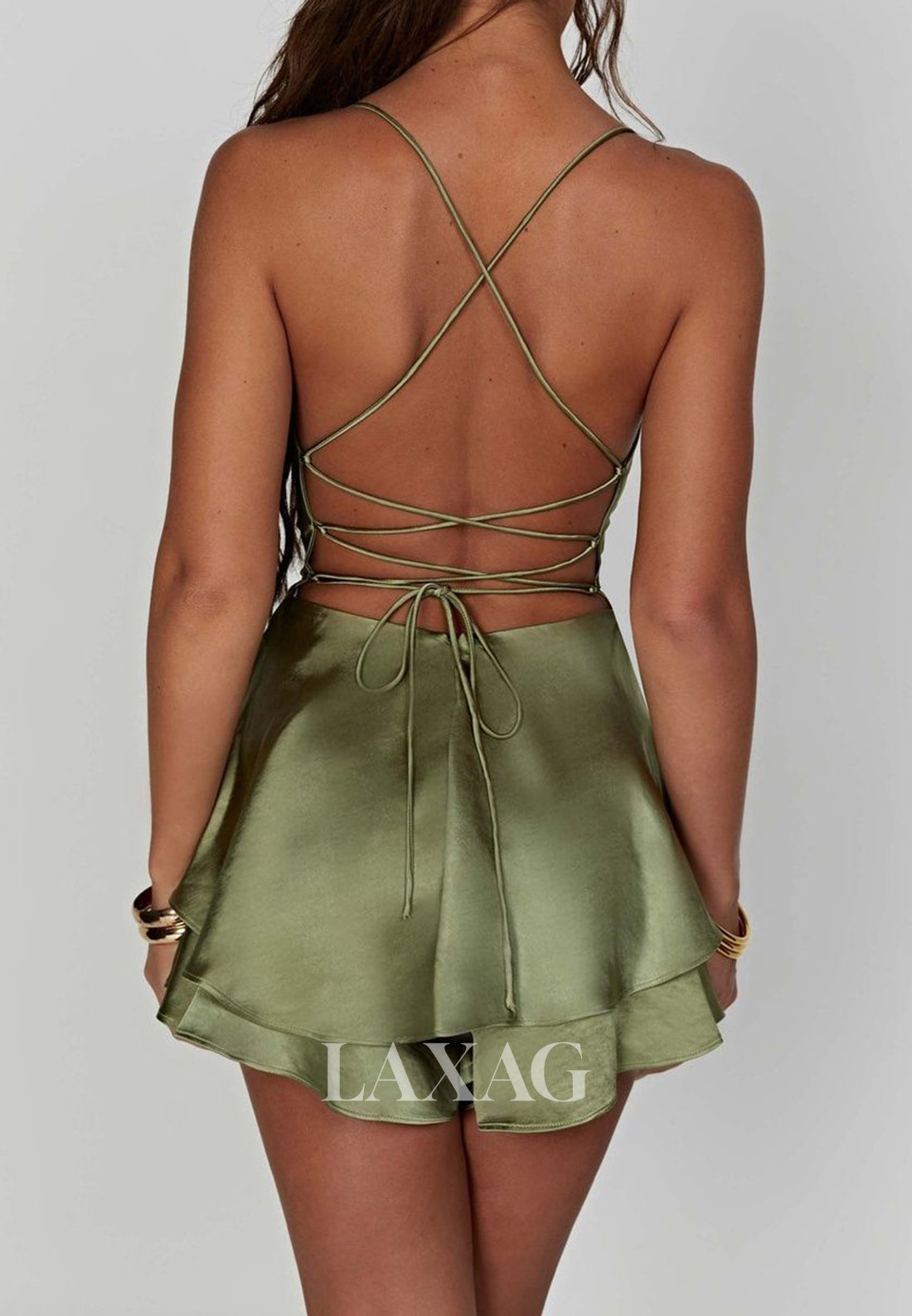 Spaghetti Straps Scoop-Neck Sleeveless Pleated Satin A-Line Party Homecoming Dress