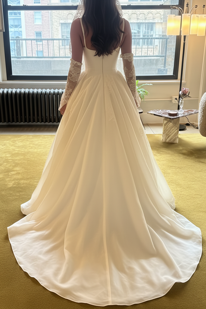 Square-Neck Spaghetti Straps Applique Chiffon Pleated A-Line Wedding Dress with Train