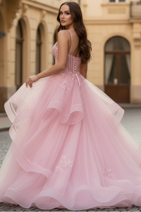 V-Neck Spaghetti Straps Sleeveless Applique Tulle Pleated Tiered A-Line Prom Dress