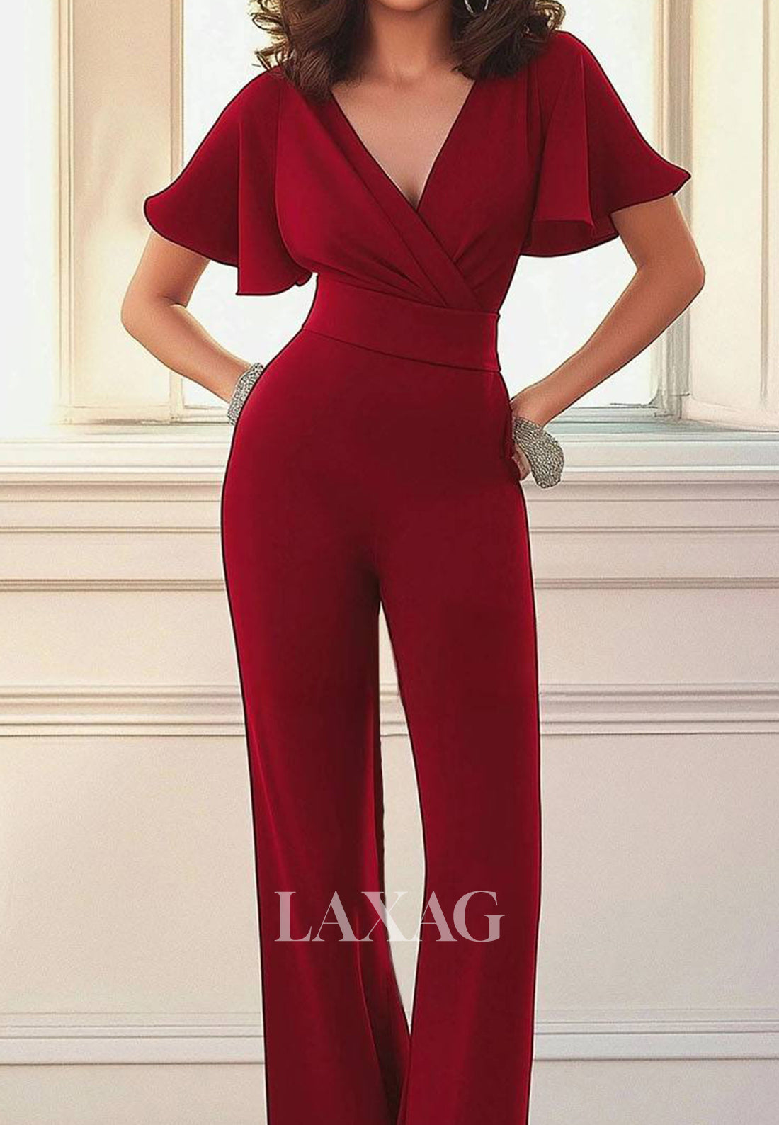 V-Neck Ruffled Short-Sleeves Pleated Satin Simple Jumpsuit