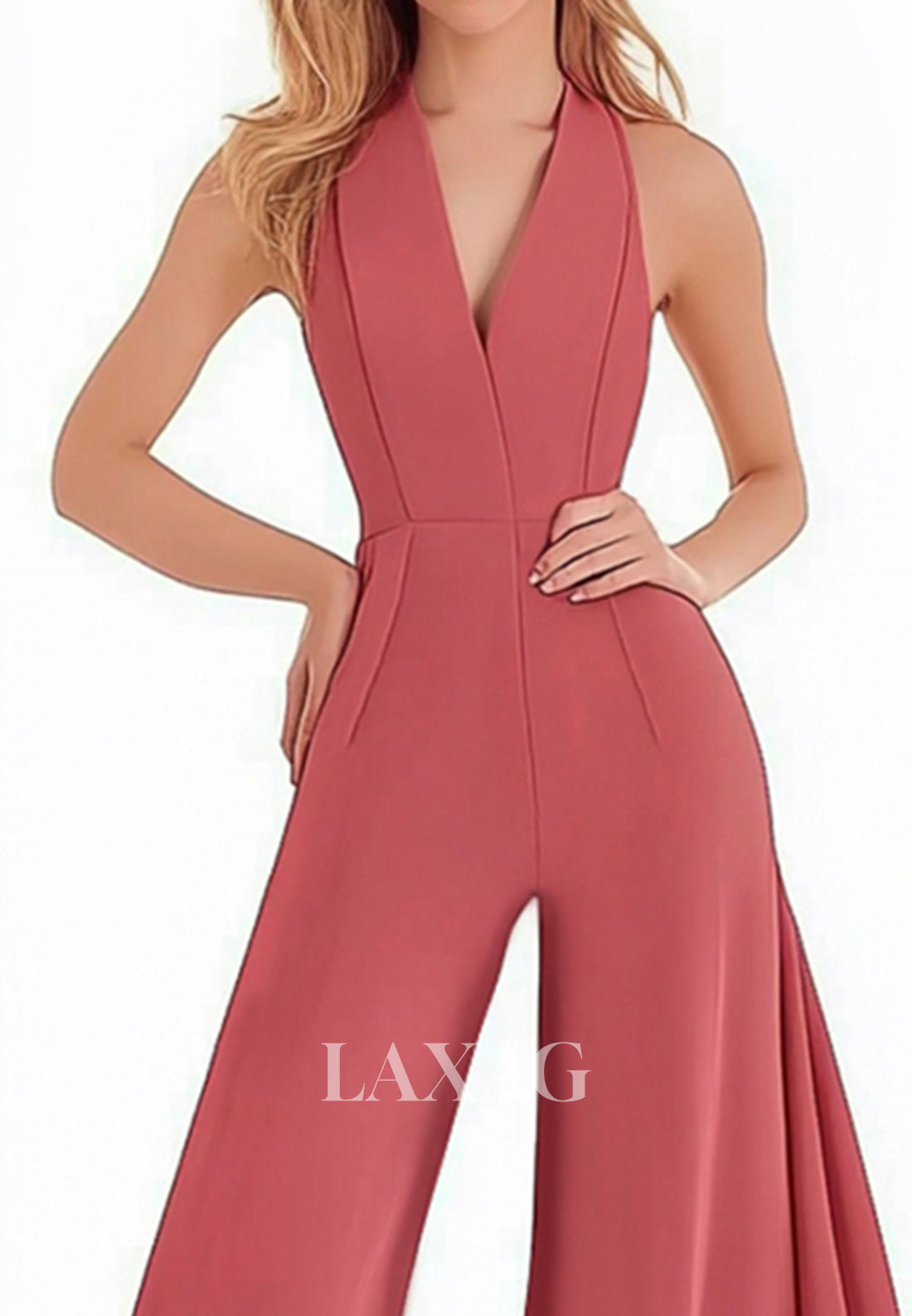 جمبسوت بسيط بدون أكمام بفتحة رقبة على شكل حرف V عميقة وأكتاف مكشوفة ومطوي من الساتان