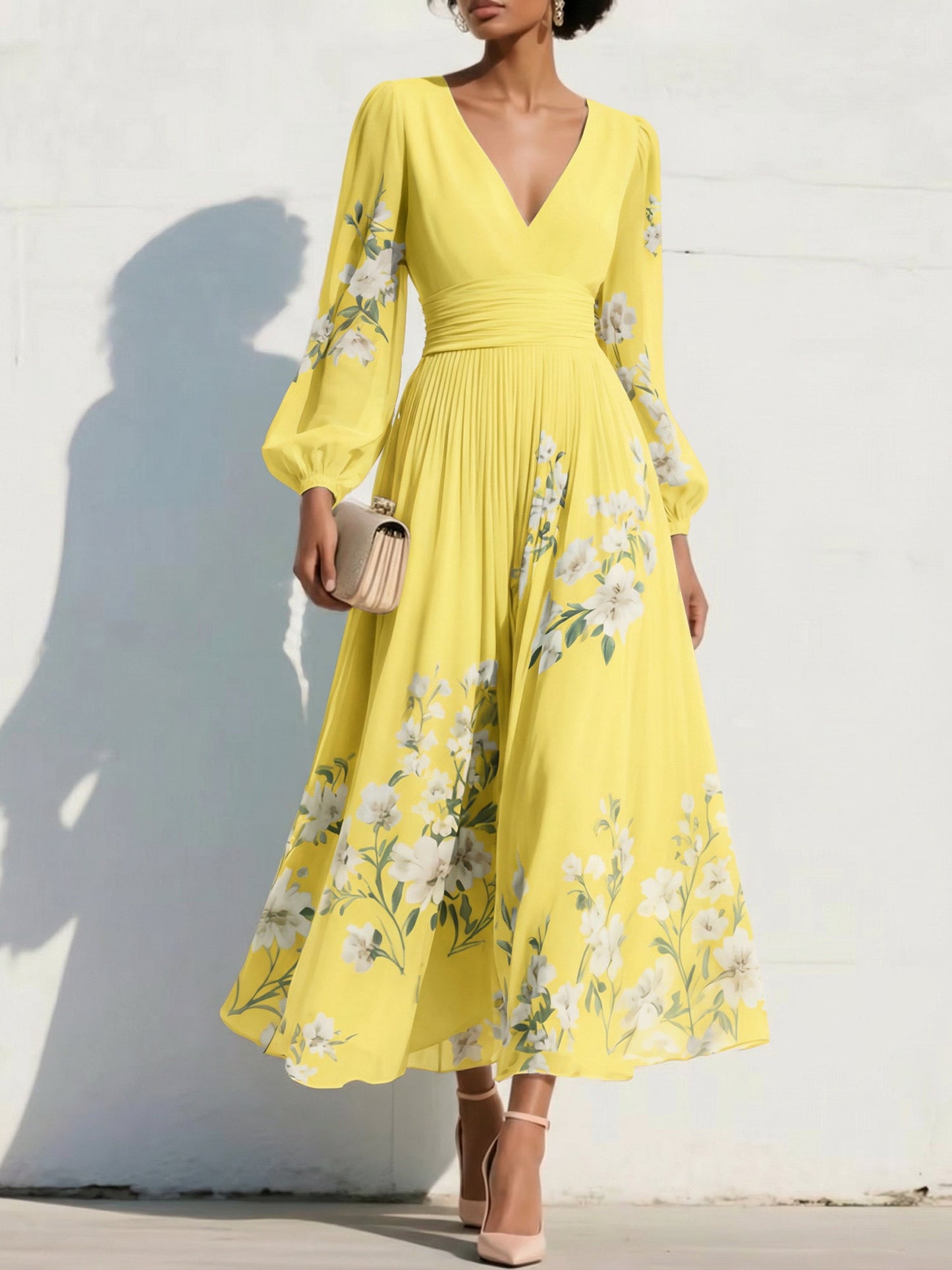 V-Neck Long-Sleeves Print-Chiffon Pleated Tea-Length A-Line Mother of the Bride Dress