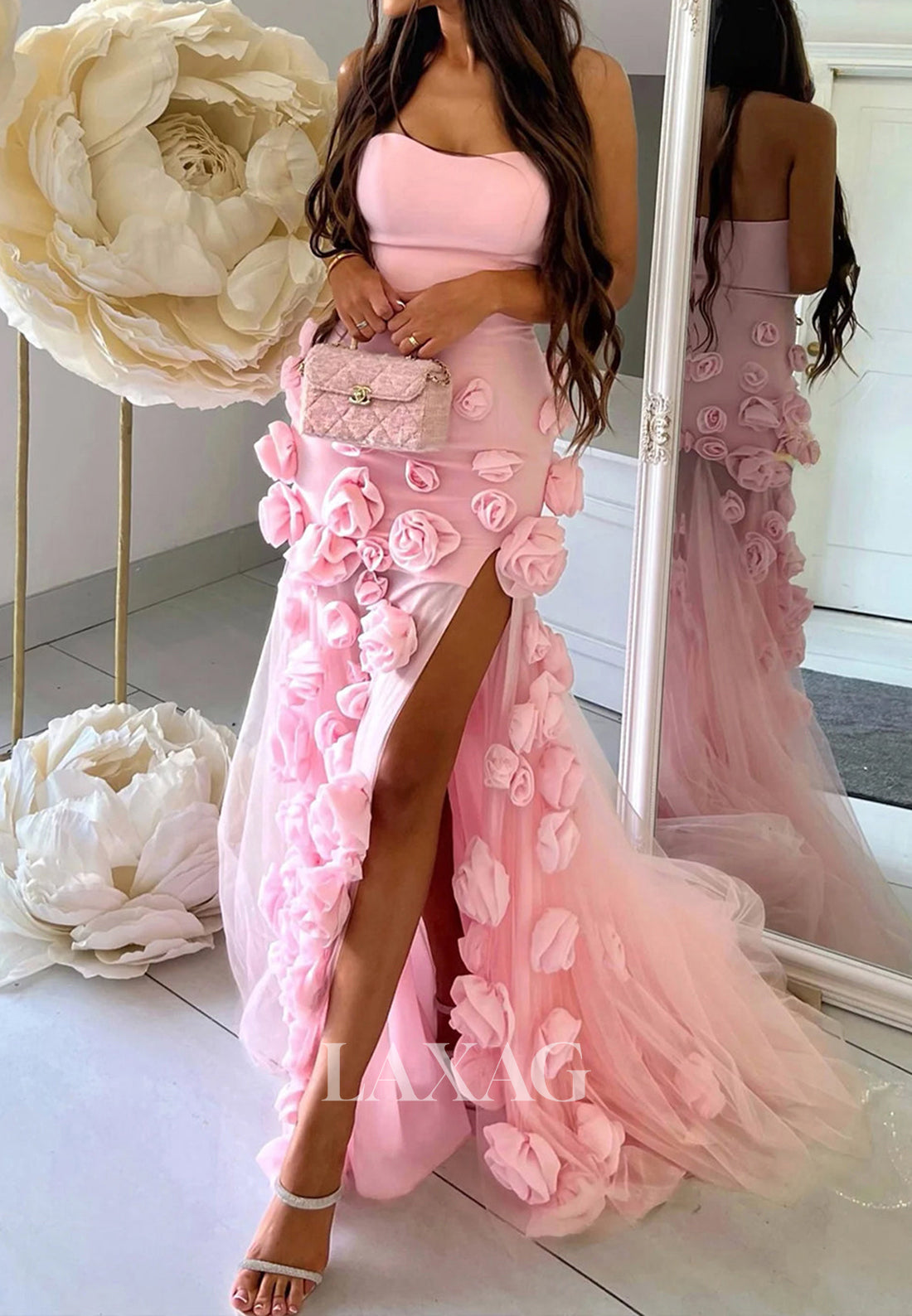 Sweetheart Off-Shoulder Sleeveless Evening Gowns Floral Embellished Mermaid Prom Dress with Tulle Train