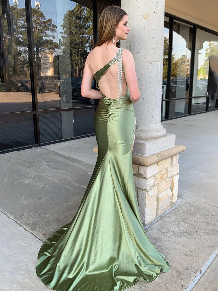 One-Strap Sleeveless Beaded Slit Party Gowns Asymmetrical-Neck Satin Mermaid Prom Dress