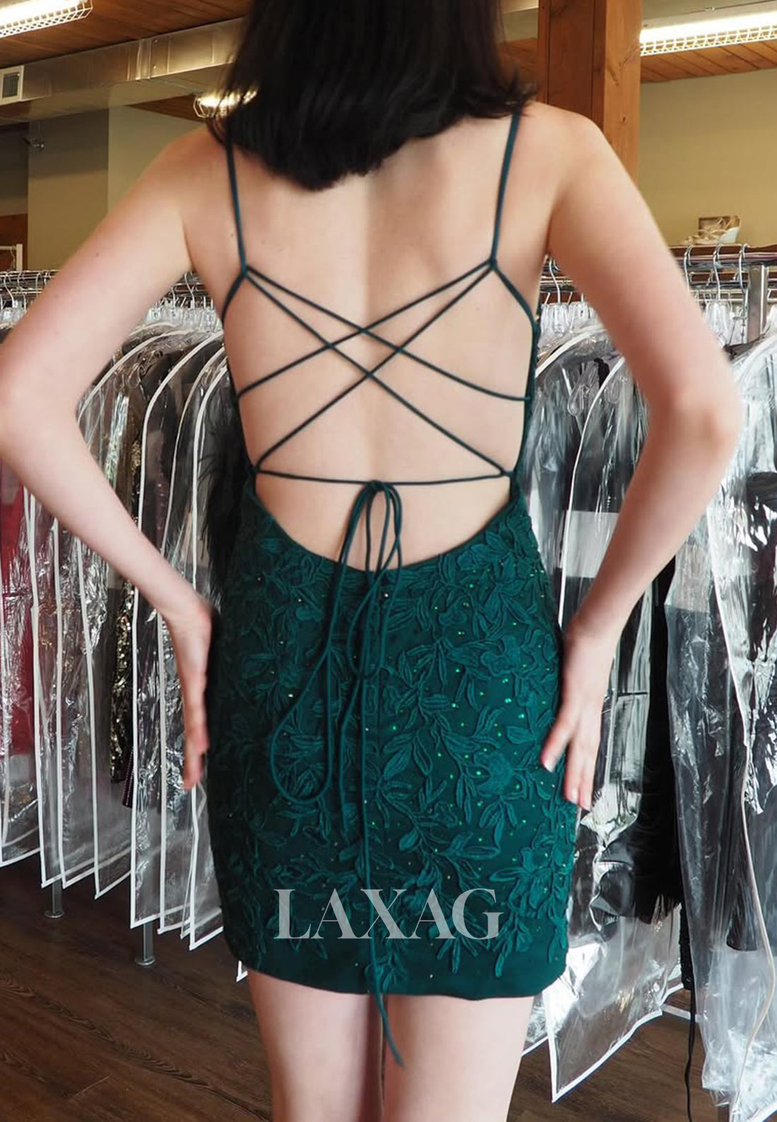 V-Neck Spaghetti Straps Sleeveless Applique Beaded Satin Mermaid Party Homecoming Dress