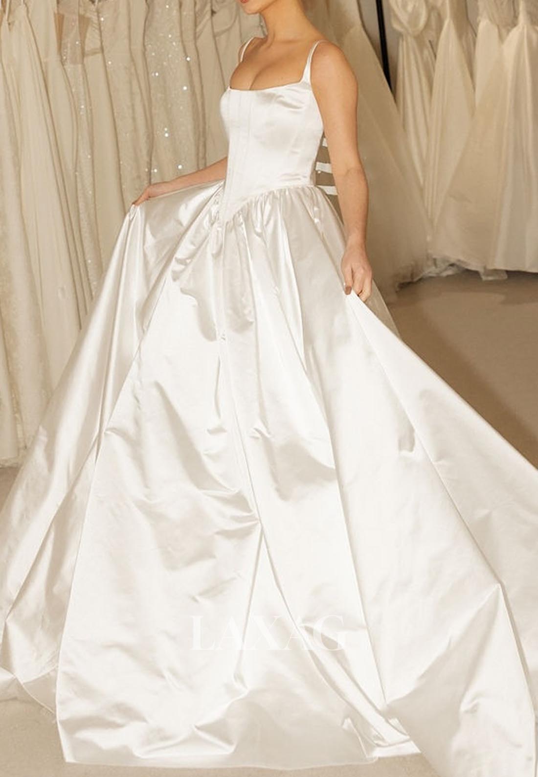 Square-Neck Sleeveless Bride Gowns Spaghetti Straps Pleated Satin A-Line Wedding Dress