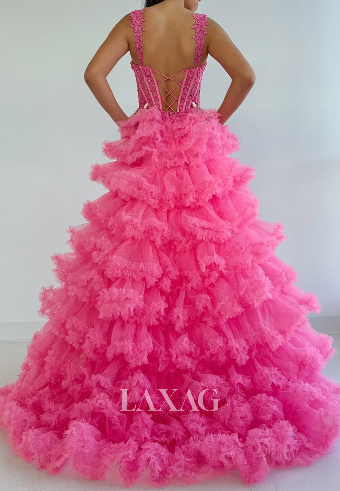 Spaghetti Straps Sweetheart Sleeveless A-Line Prom Dress Lace Applique Pleated Tulle Tiered Party Gowns