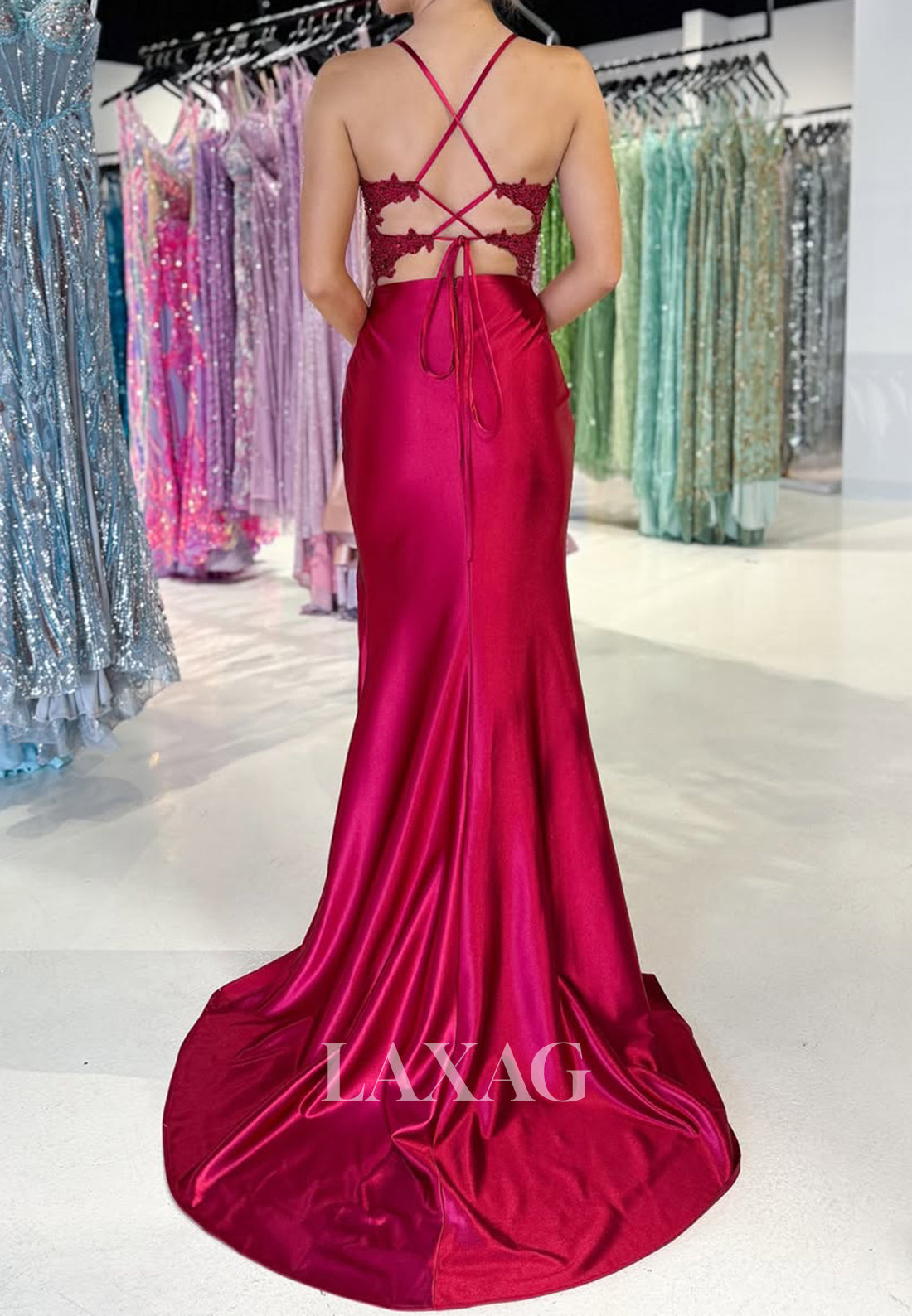 V-Neck Spaghetti Straps Sleeveless Party Formal Gowns Beaded Applique Pleated Mermaid Prom Dress