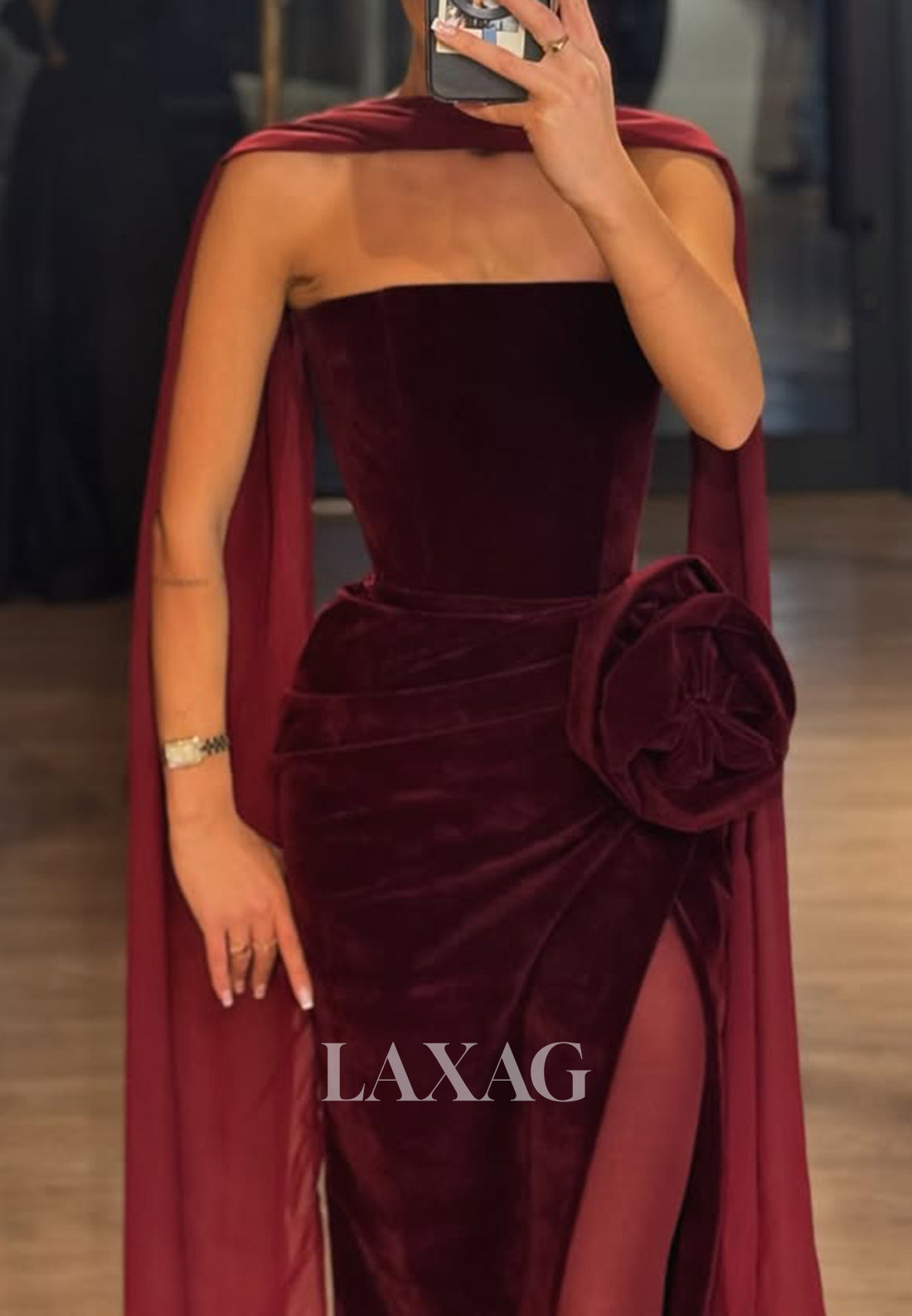 Off-Shoulder Sleeveless Pleated Formal Gowns Tube Top Floral Embossed Floor-Length Mermaid Prom Dress