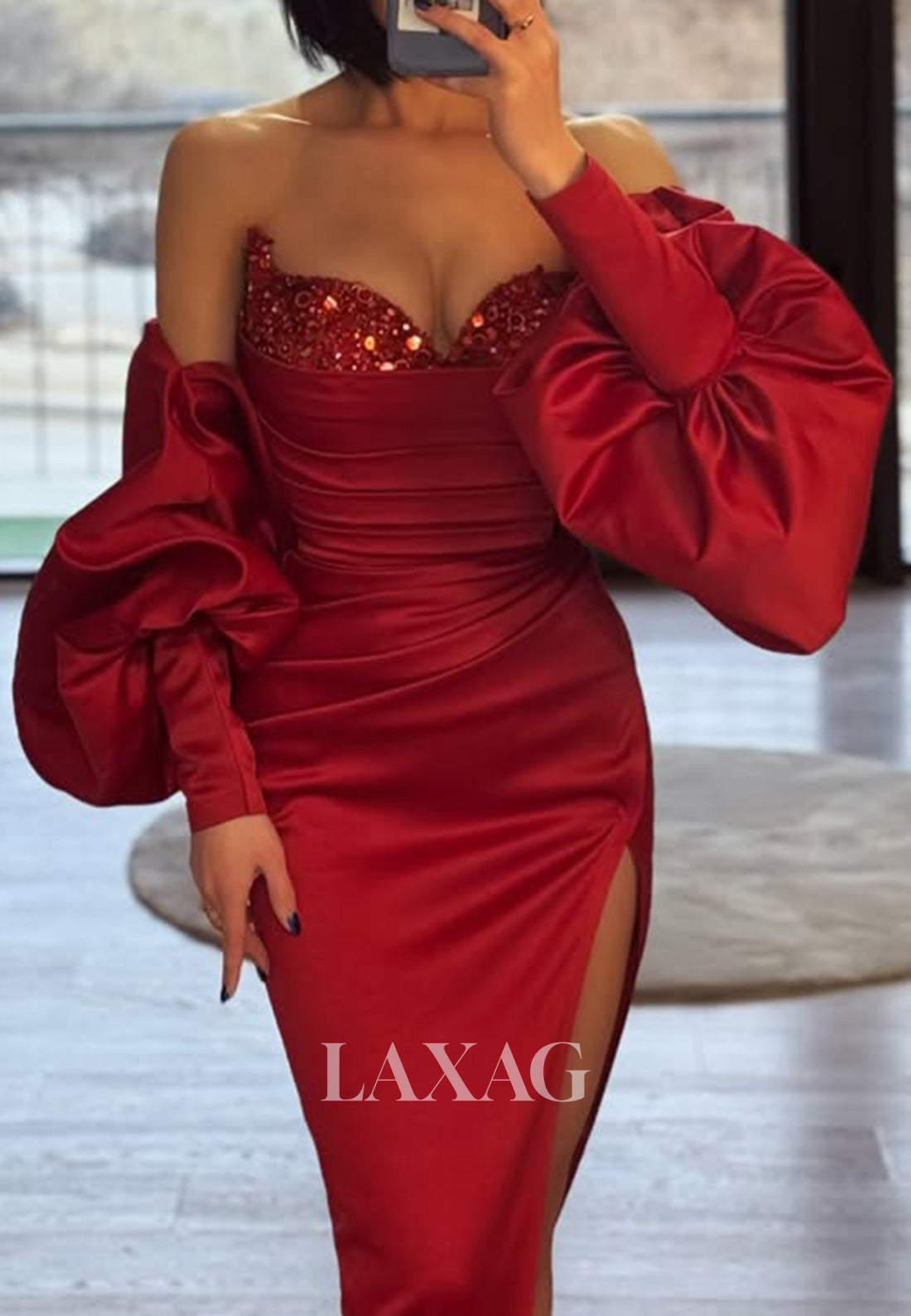 Sweetheart Beaded Sequined Pleated Party Gowns Off-Shoulder Puff-Sleeves Satin Mermaid Prom Dress