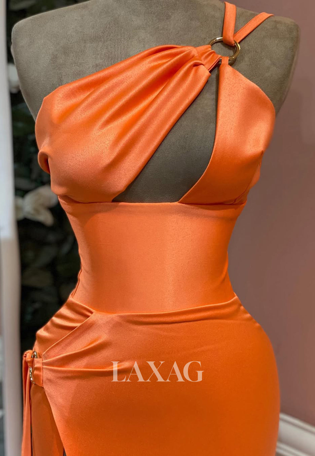 Asymmetrical-Neck Spaghetti Straps Mermaid Prom Dress Sleeveless Cutout Pleated Satin Formal Gowns