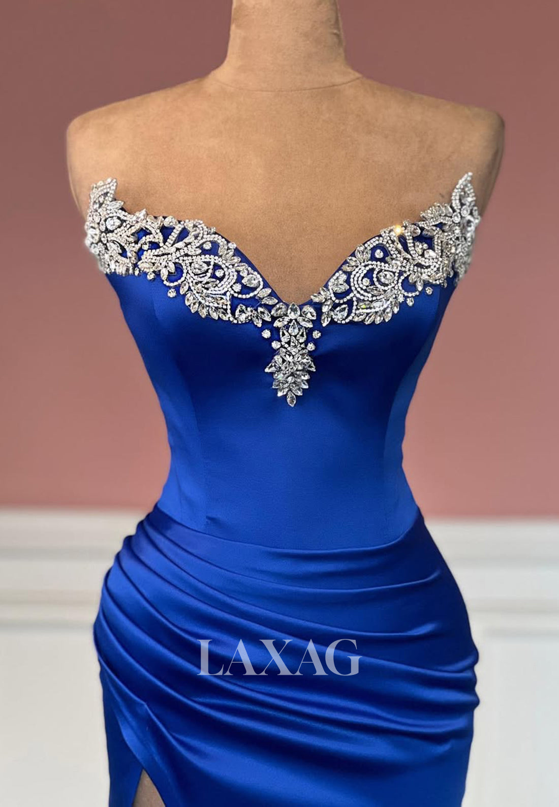 Sweetheart Off-Shoulder Sleeveless Beaded Floor-Length Pleated Satin Mermaid Prom Dress with High Slit