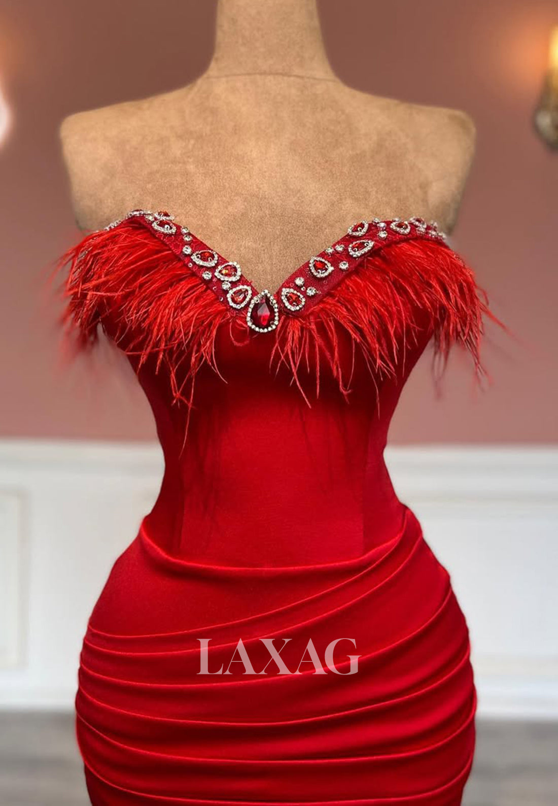 Sweetheart Sleeveless Pleated Mermaid Prom Dress Beaded Fringed Floor-Length Evening Gowns