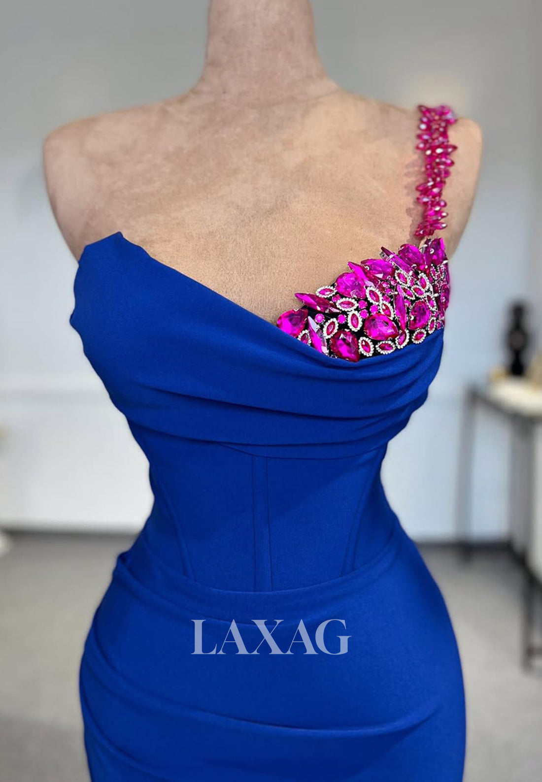 Asymmetrical-Sweetheart One-Strap Off-Shoulder Sleeveless Beaded Pleated Mermaid Prom Dress