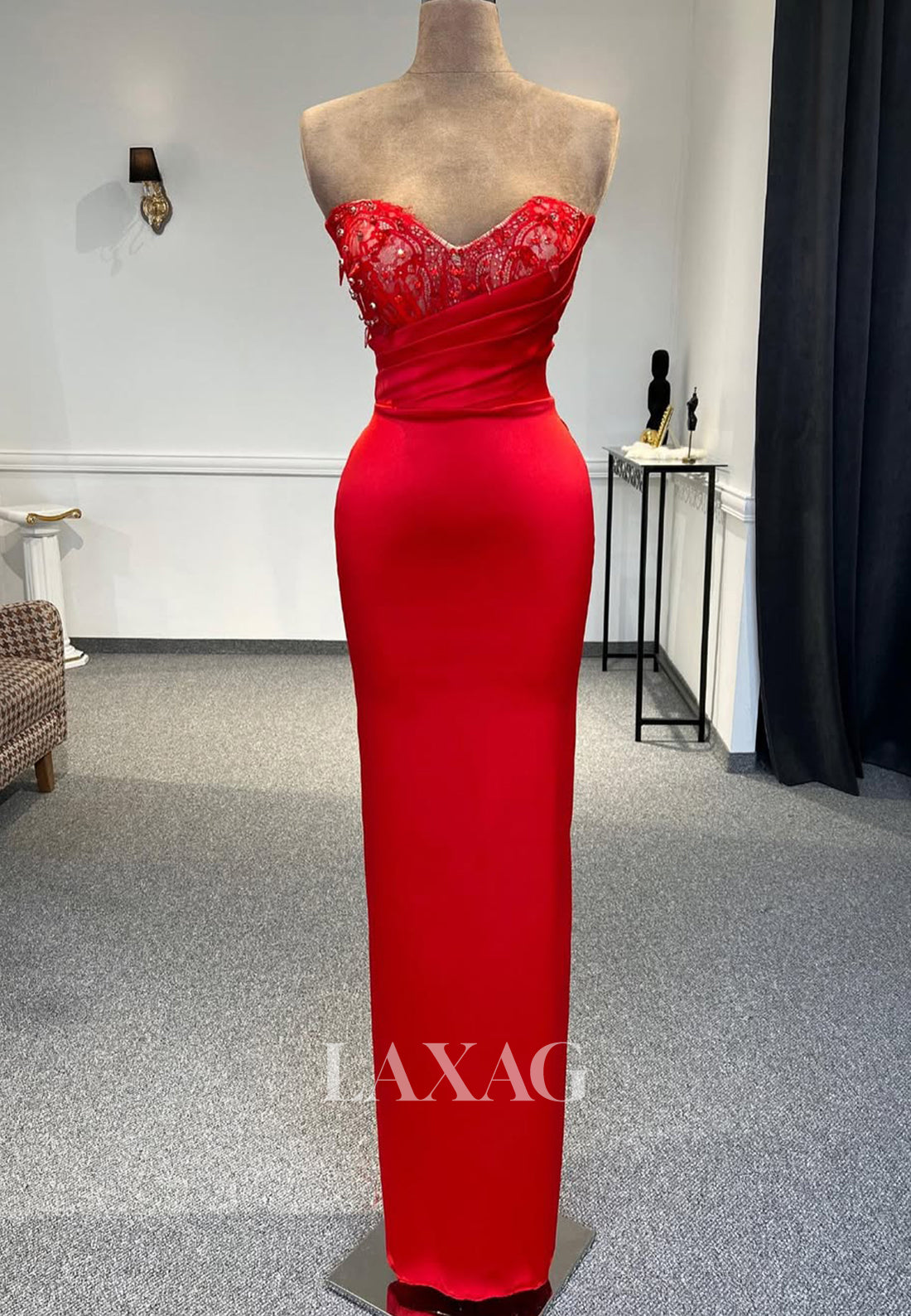 Sweetheart Off-Shoulder Sleeveless Lace Applique Beaded Pleated Floor-Length Mermaid Prom Dress