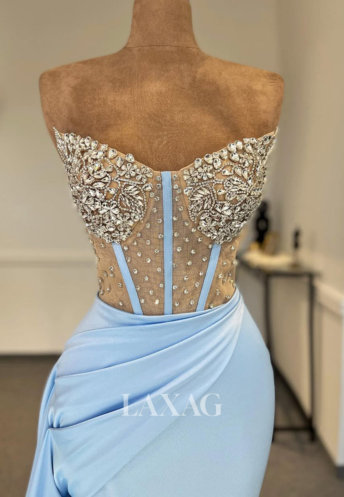 V-Neck Sleeveless Off-Shoulder Pleated Beaded Rhinestone Mermaid Prom Dress with Sweep Train