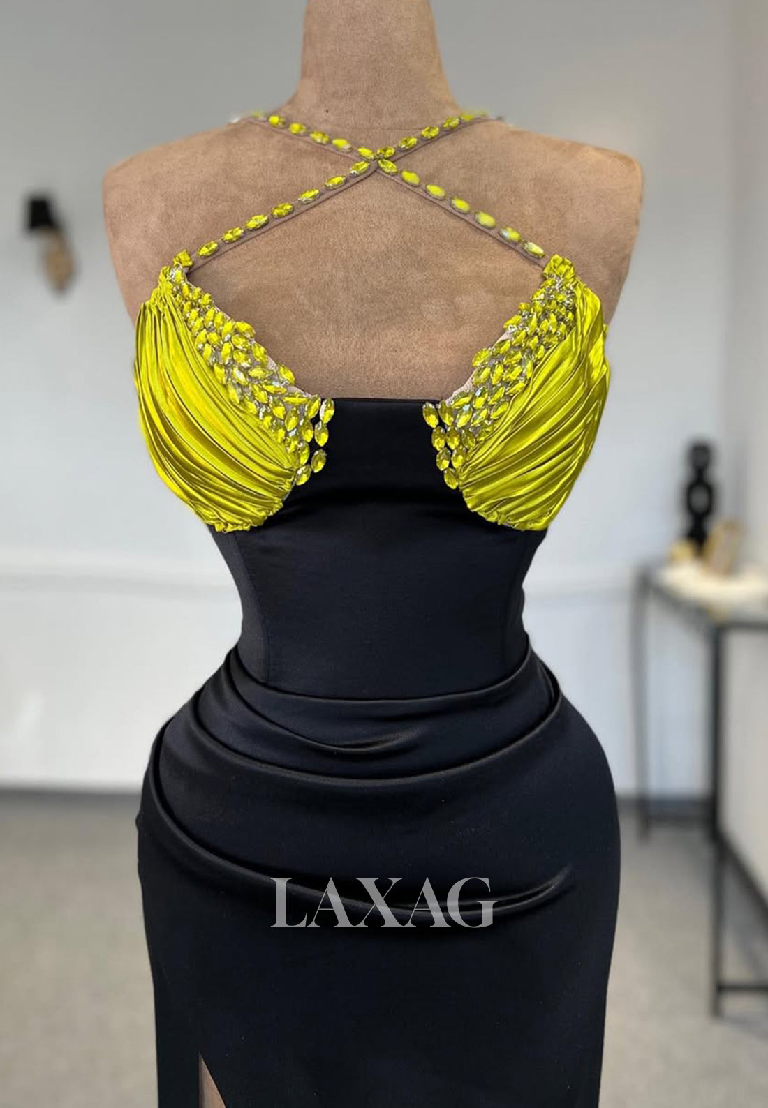 Spaghetti Straps V-Neck Sleeveless Evening Gowns Rhinestone Pleated Two Tone Mermaid Prom Dress