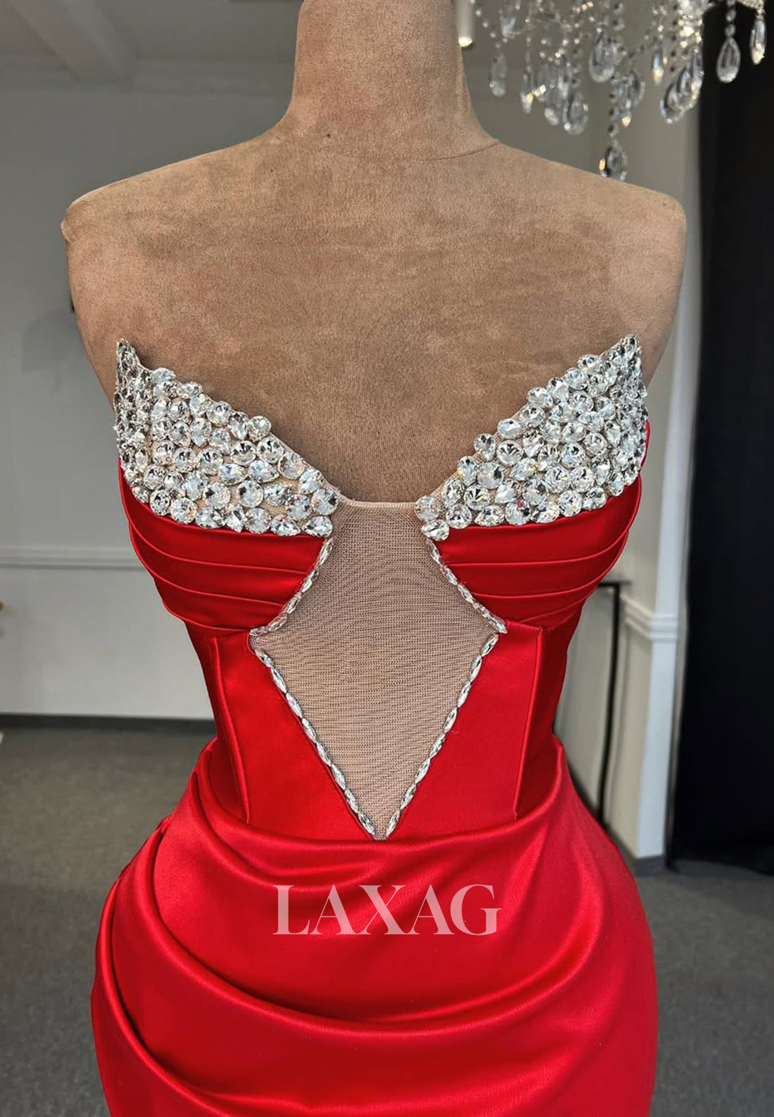 Sweetheart Sleeveless Pleated Floor-Length Party Gowns Rhinestone Mermaid Prom Dress with High Slit