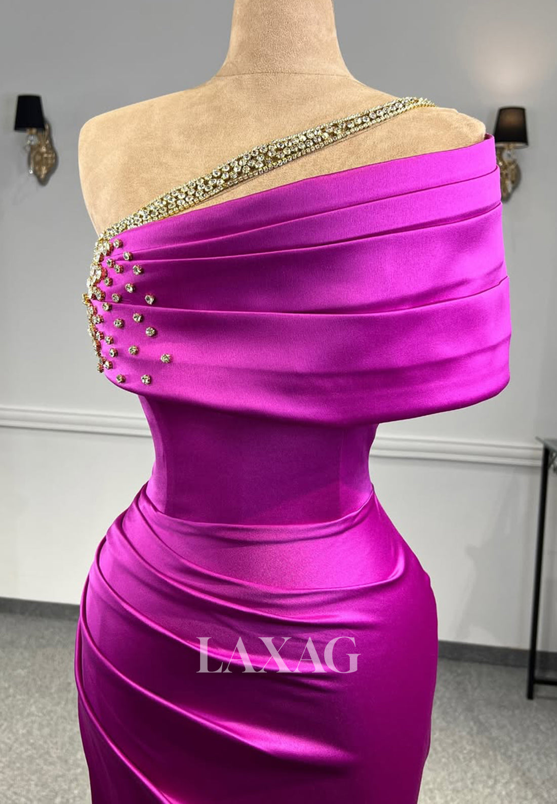 Off-Shoulder Asymmetrical-Neck Sleeveless Evening Gowns Beaded Pleated Slit Satin Mermaid Prom Dress