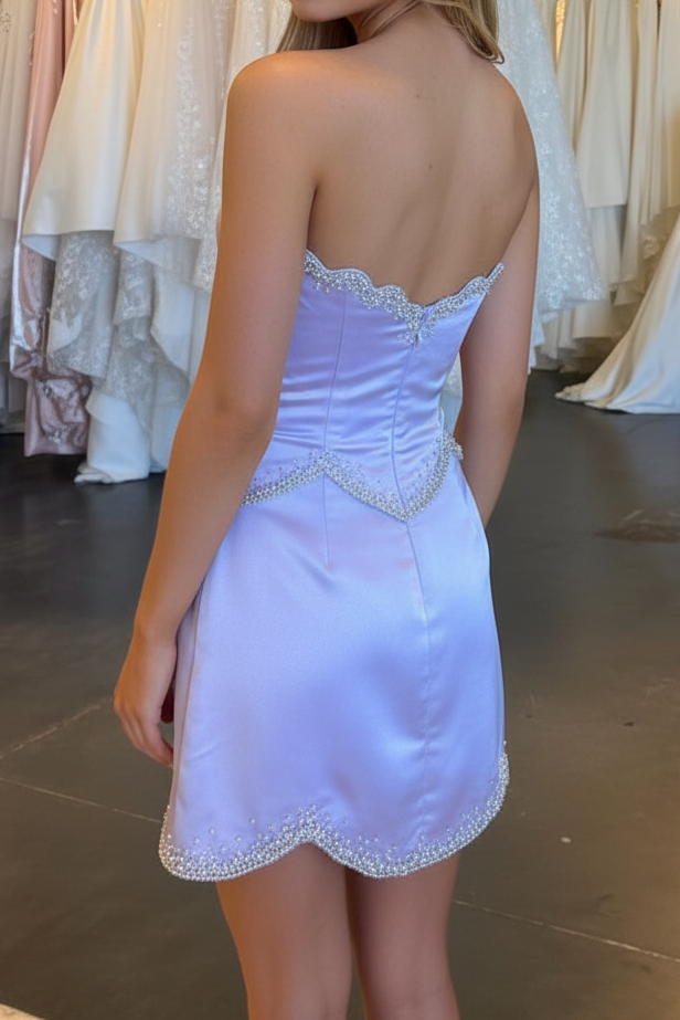 Strapless Beaded Scalloped Satin Mini Dress