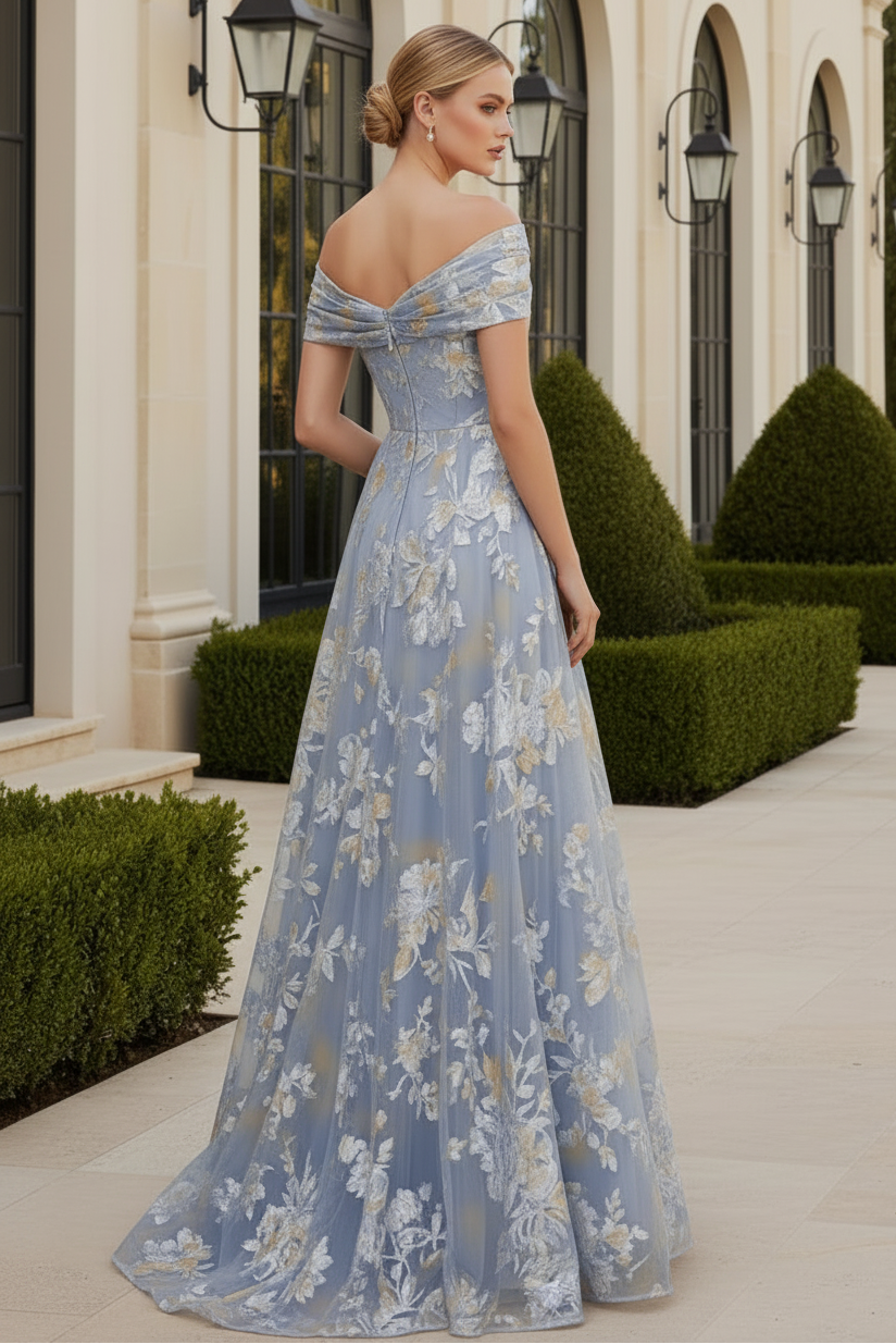 Off-the-Shoulder Floral Metallic A-Line Gown