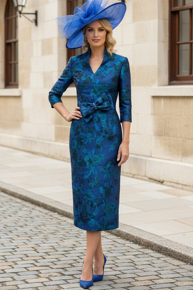Elegant Floral Jacquard Sheath Midi Dress