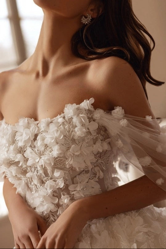 Off-the-Shoulder 3D Floral Ball Gown Wedding Dress