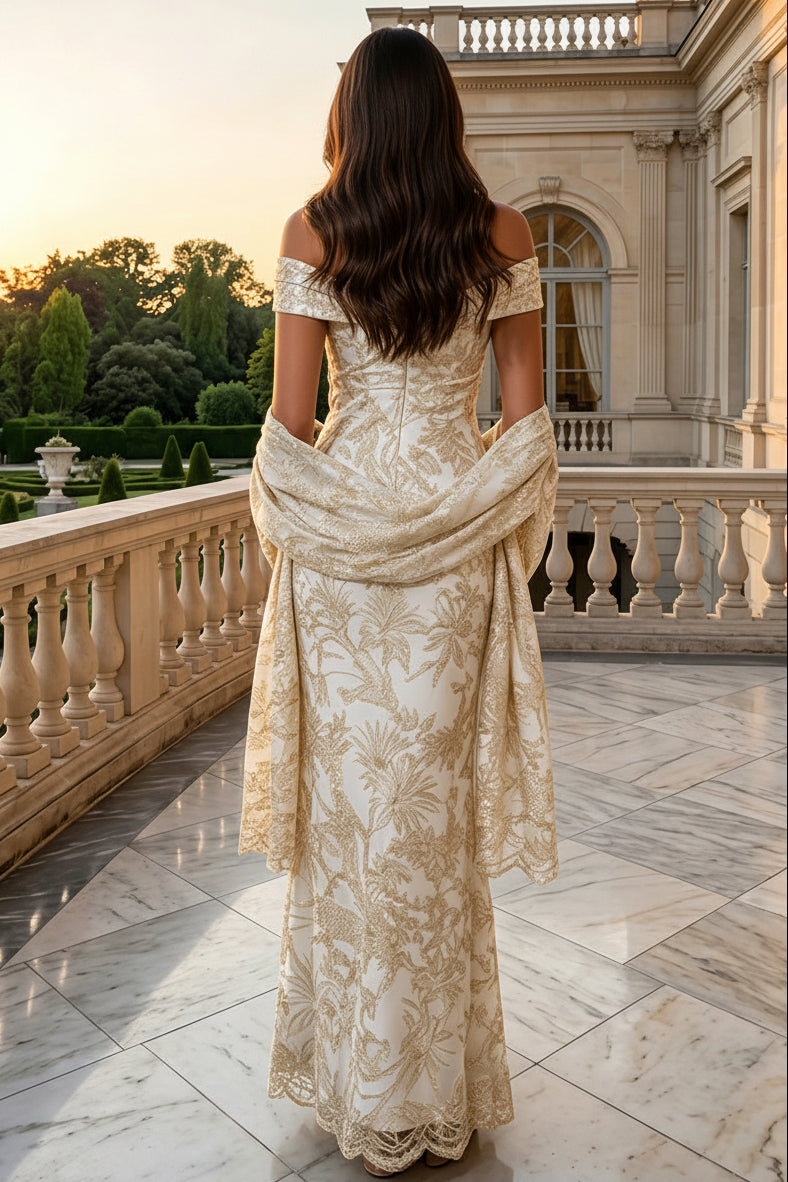 Off-the-Shoulder Jacquard Gown with Shawl
