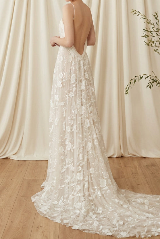 Embroidered Floral Wedding Dress with Train